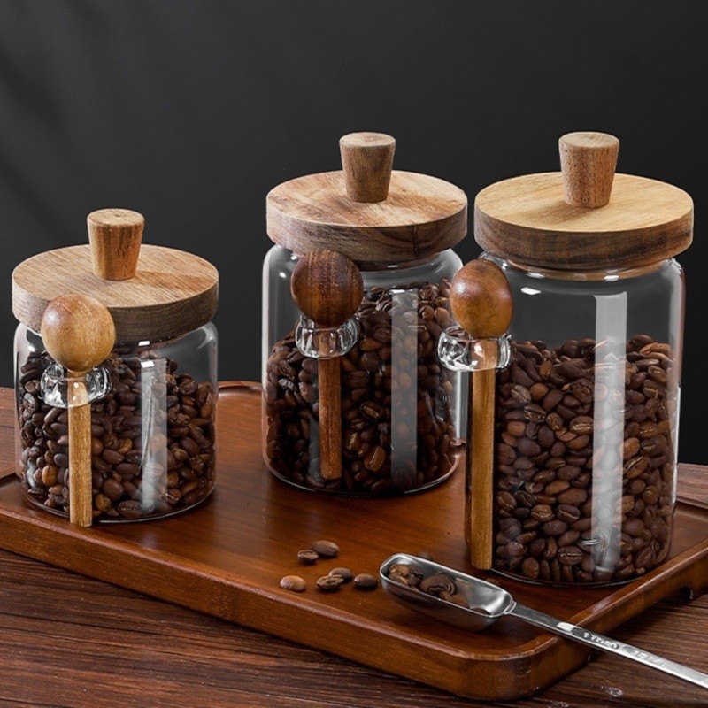 Coffee Tea Canister Set - ABJI-Glass Jar With Wooden Lids And