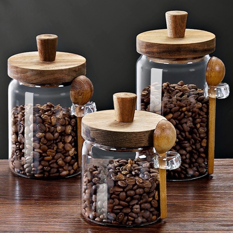ABJI-Glass Jar With Wooden Lid - Coffee Tea Canister Set ulasan dan harga
