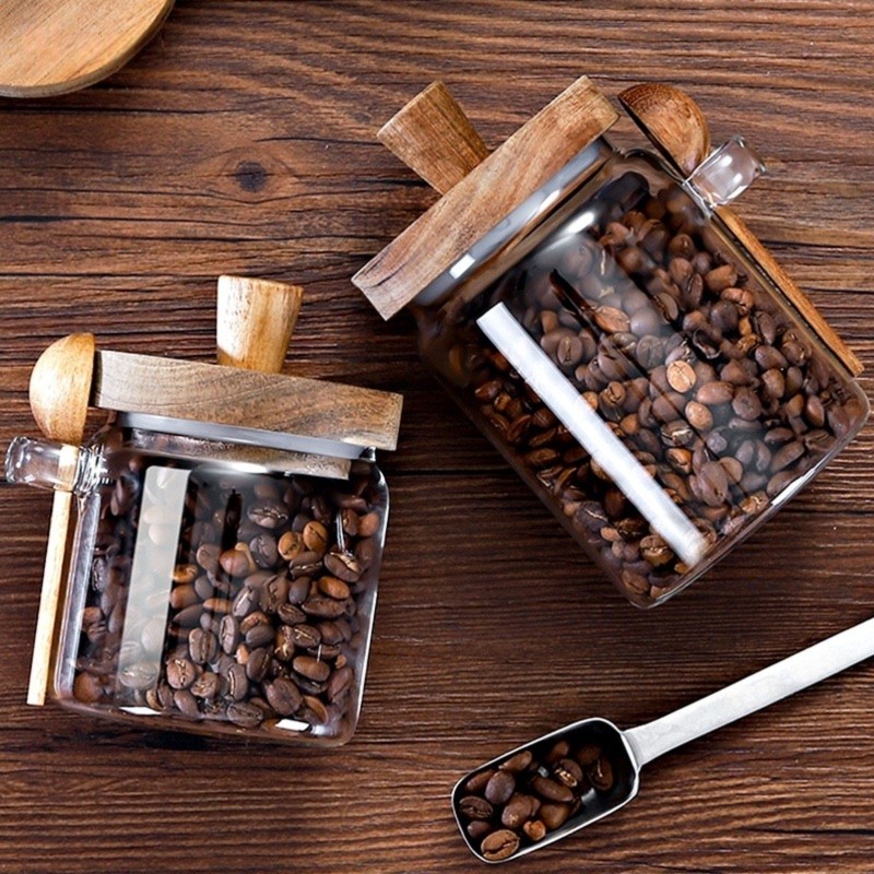 ABJI-Glass Jar With Wooden Lid - Coffee Tea Canister Set ulasan dan harga